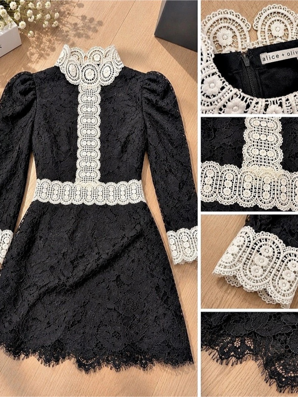 alice + olivia Long Sleeve Lace Minidress Black & White